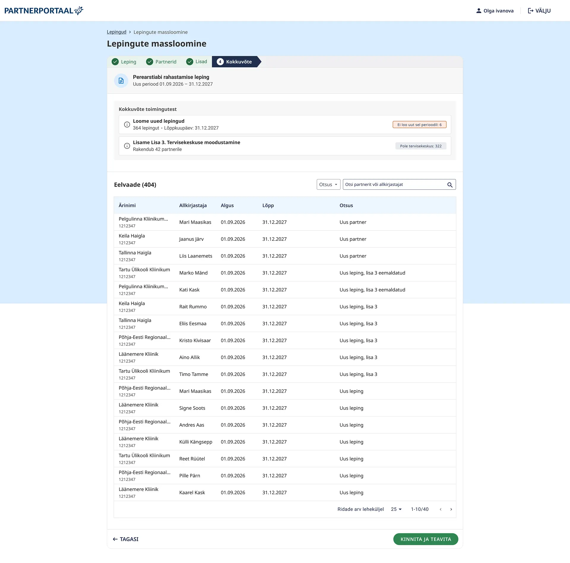 Tervisekassa Partner Portal summary view
